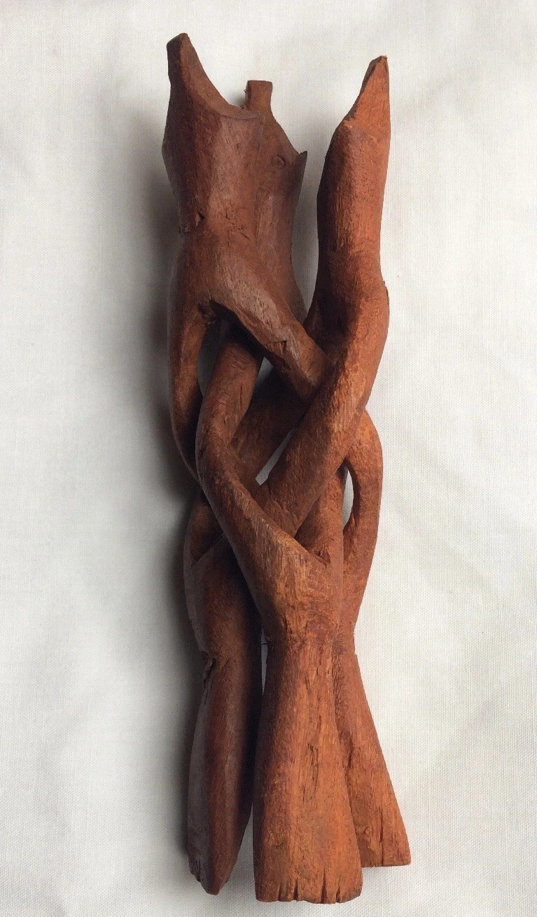 Hand Carved One Piece of WOOD Folding Tripod STAND each 6.5in Snake Head & Bowl
