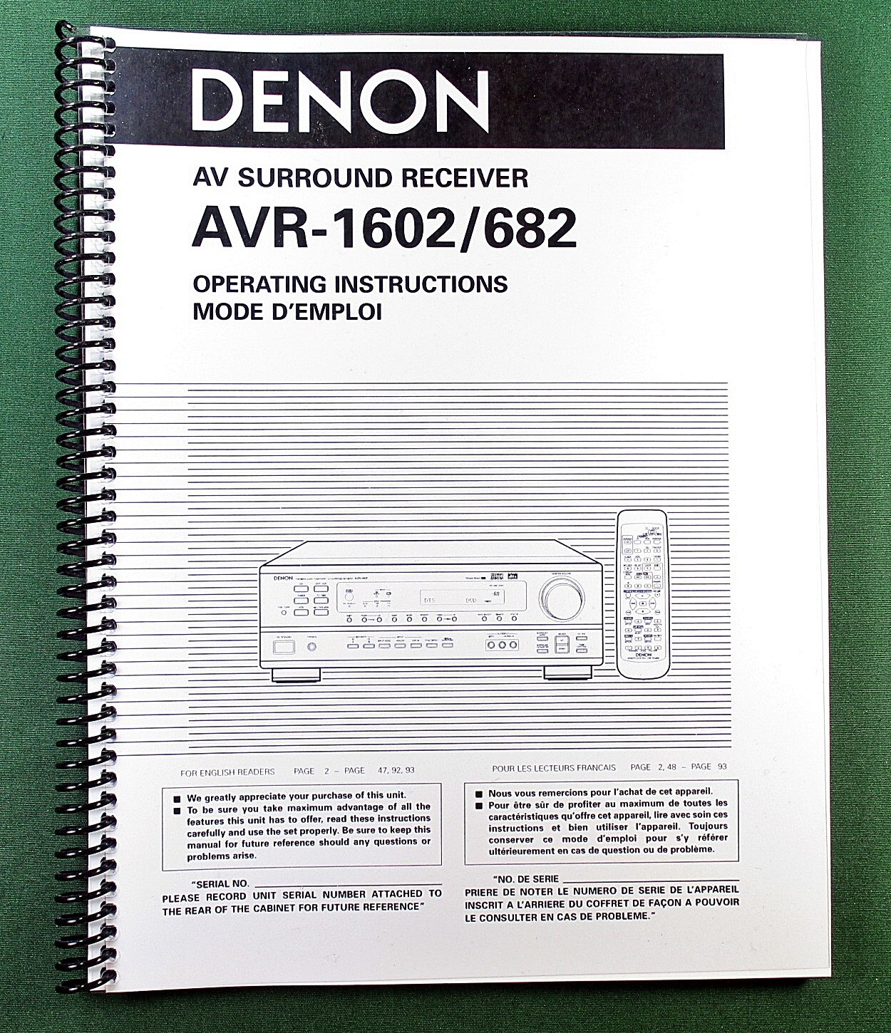 Denon AVR-1602 Instruction Manual: 47 Pages & Protective Covers!
