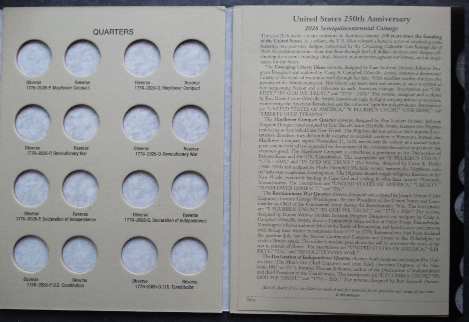 He Harris United States 250th Anniversary Coin P & D Folder 2026 Book 5345