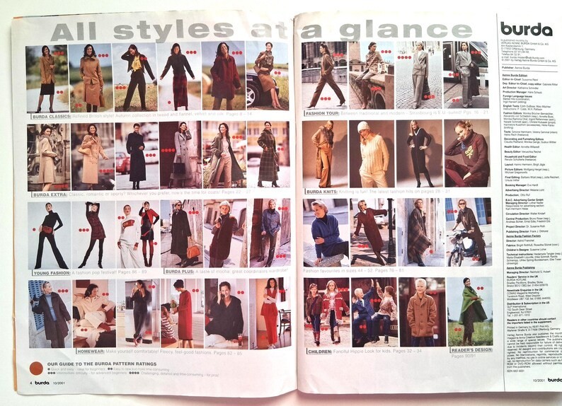 Burda World of Fashion Pattern Magazine October 2001 uncut sewing patterns