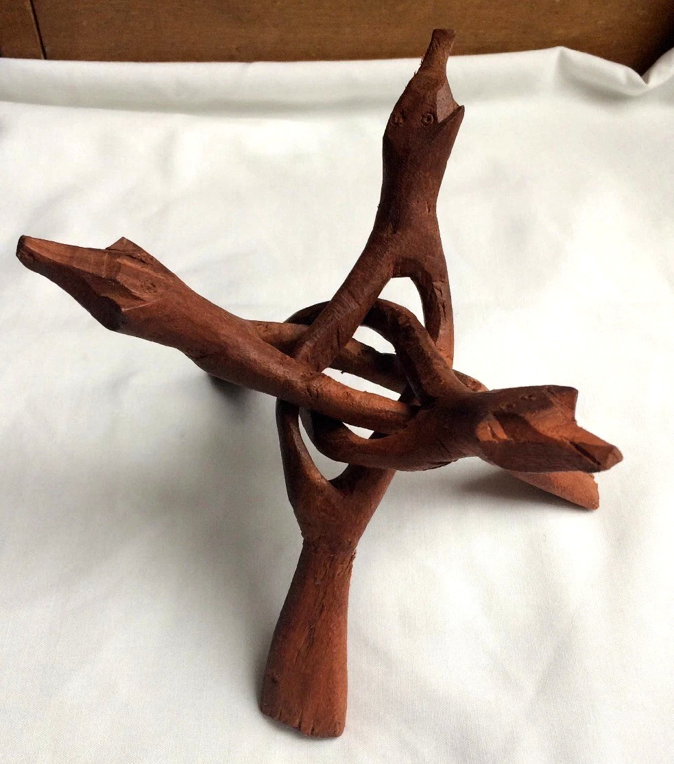 Hand Carved One Piece of WOOD Folding Tripod STAND each 6.5in Snake Head & Bowl