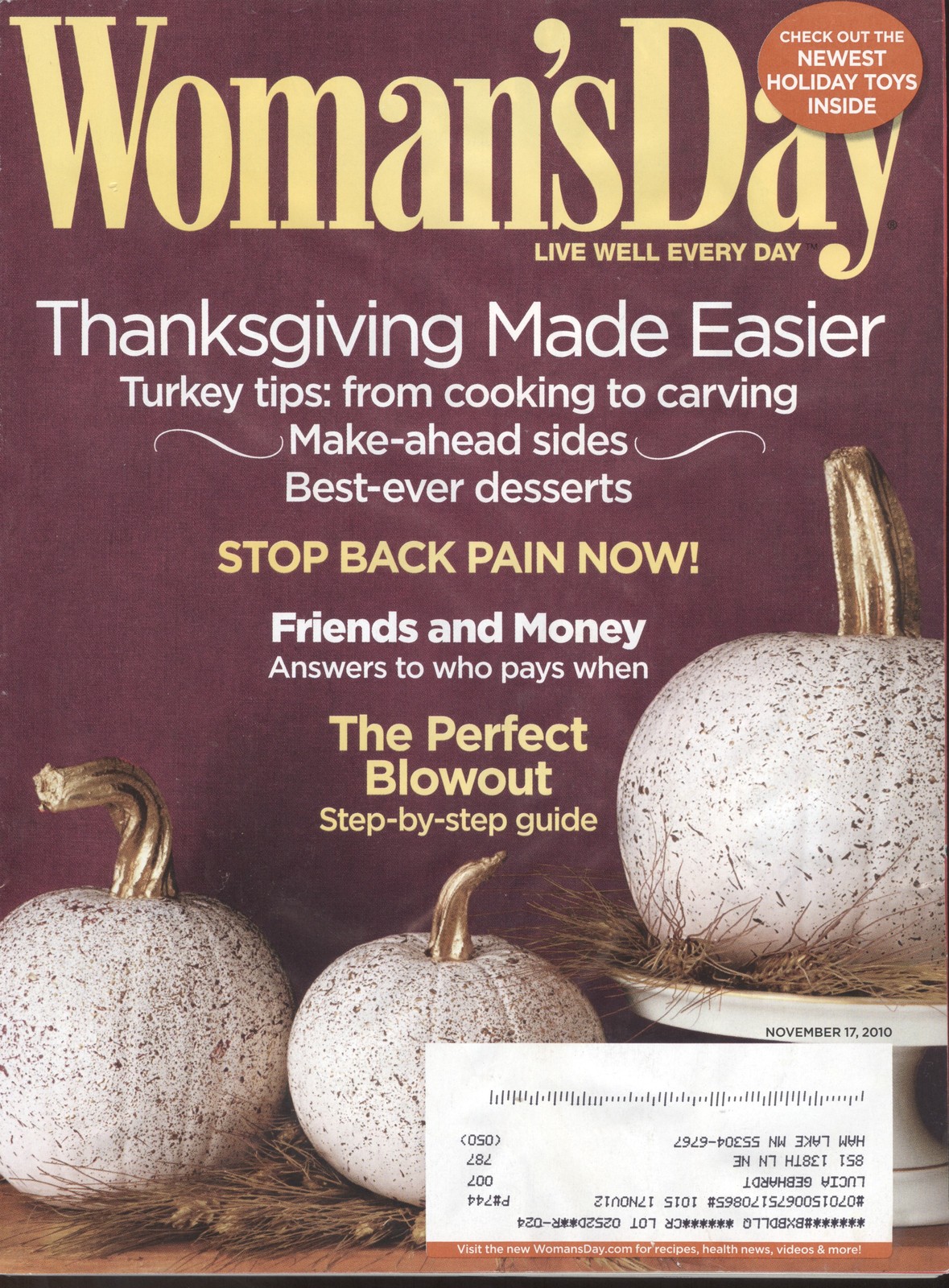 2010 Woman&rsquo;s Day Magazine: Thanksgiving Made Easier/Friends And Money/Back Pain