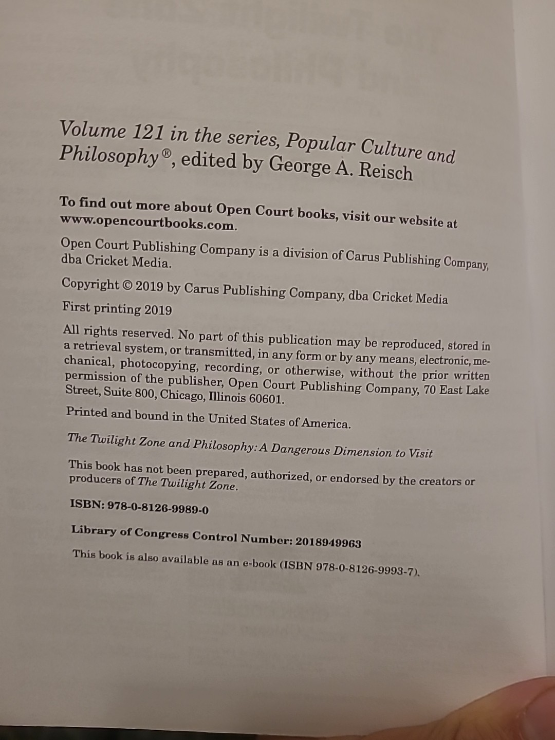 The Twilight Zone and Philosophy (Popular Culture & Philosophy series) 2019 pbk