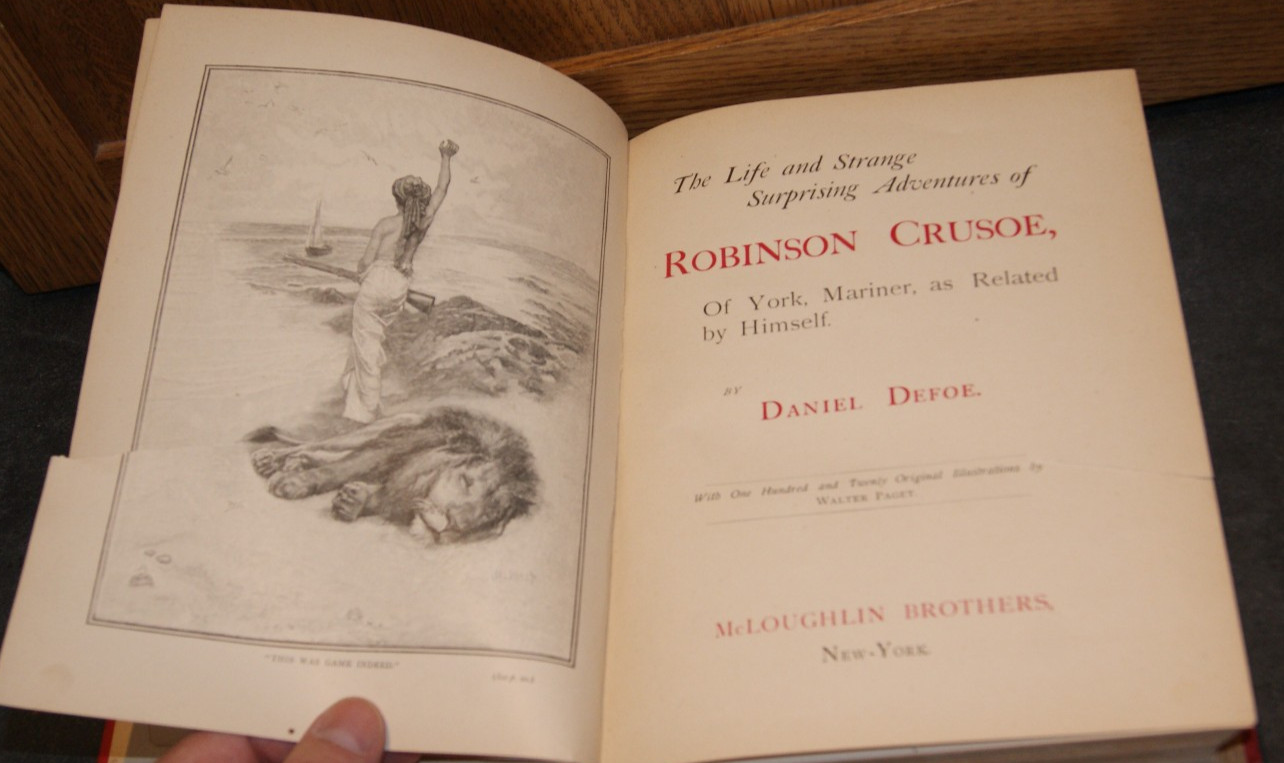 Antique Robinson Crusoe by Daniel Defoe – Red Ornate HC 120 Illustrations Paget