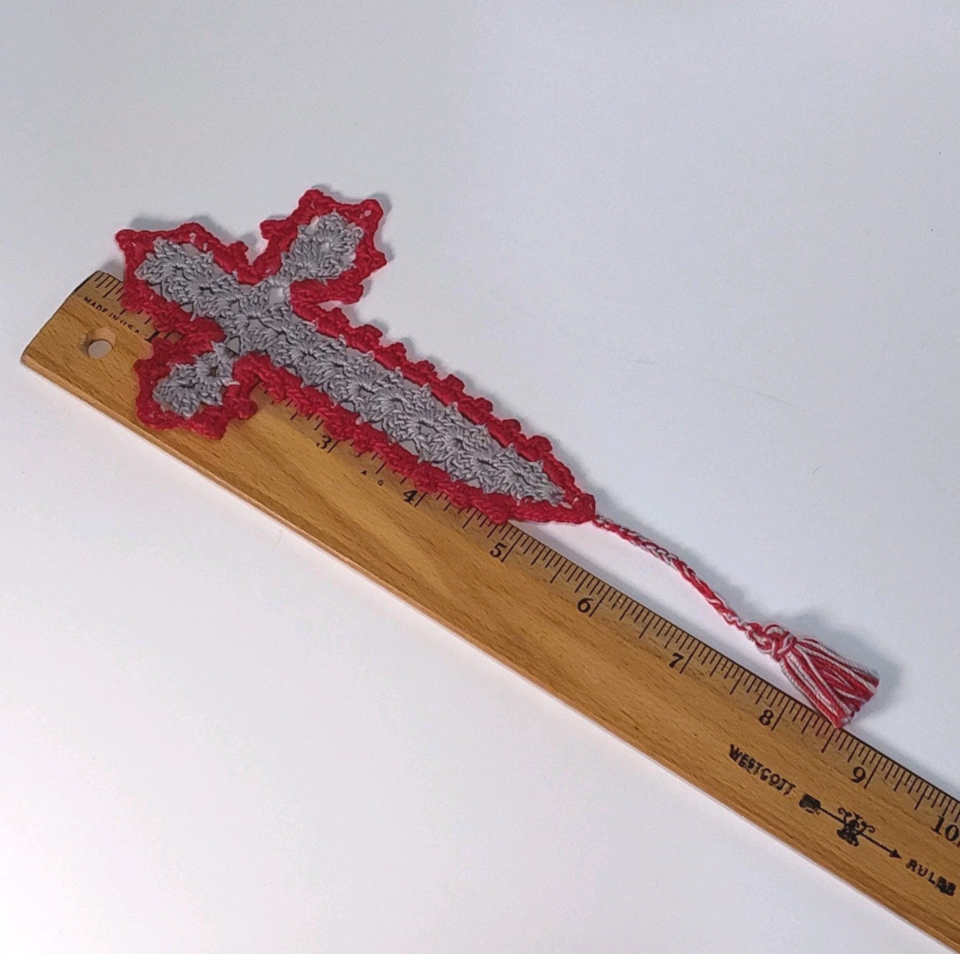 Handmade Cross Bookmark 8.5&Prime; Lovingly Crochet in the USA Red & Gray