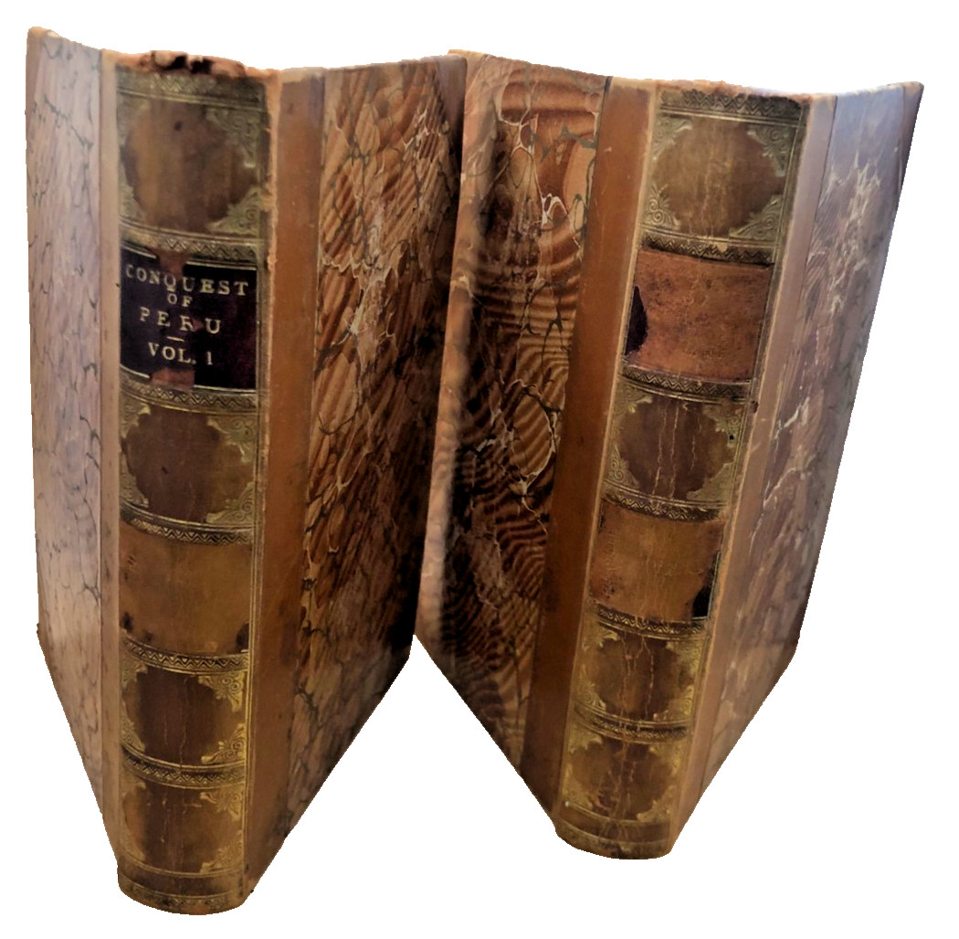 Conquest of Peru by William Prescott COMPLETE 2V OLD ANTIQUE 1/2 LEATHER HISTORY