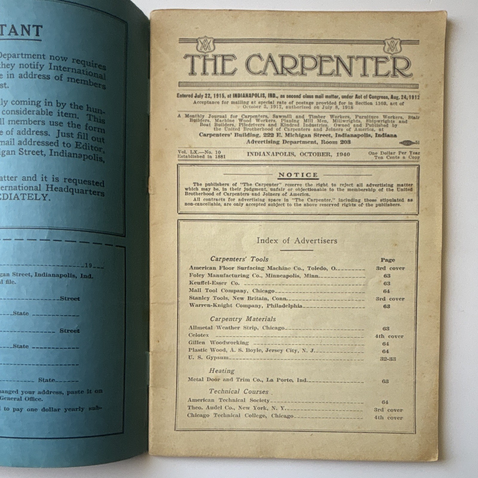 The Carpenter Magazine Sep/Oct/Dec 1940 Vol LXI Lot of 4 Trade Journal