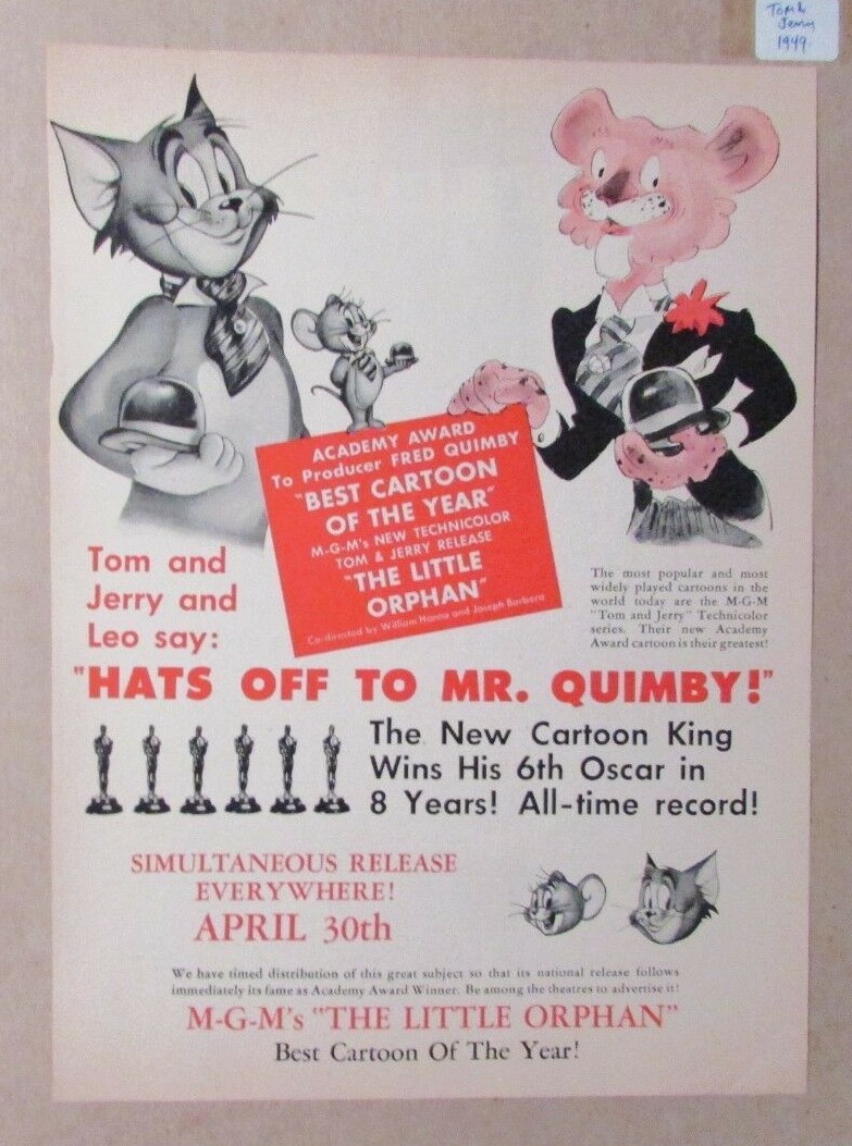 1949 TOM & JERRY 9×12.25&Prime; Print Ad FN 6.0 The Little Orphan MGM Cartoon & Leo