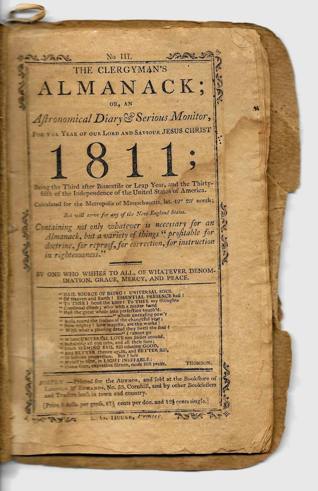 1811- The Clergyman&rsquo;s Almanack- ( 47 ) Pages-Held together by String- ( Fragile)