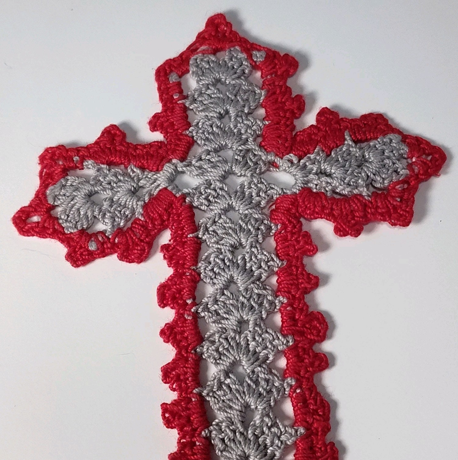 Handmade Cross Bookmark 8.5&Prime; Lovingly Crochet in the USA Red & Gray