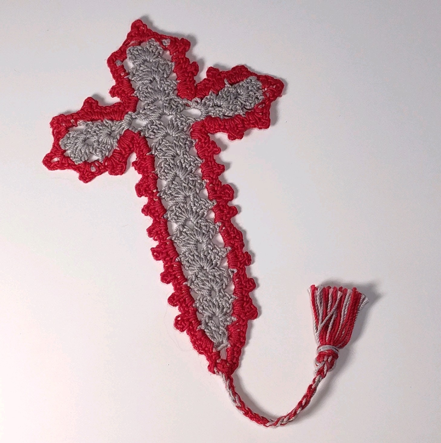 Handmade Cross Bookmark 8.5&Prime; Lovingly Crochet in the USA Red & Gray