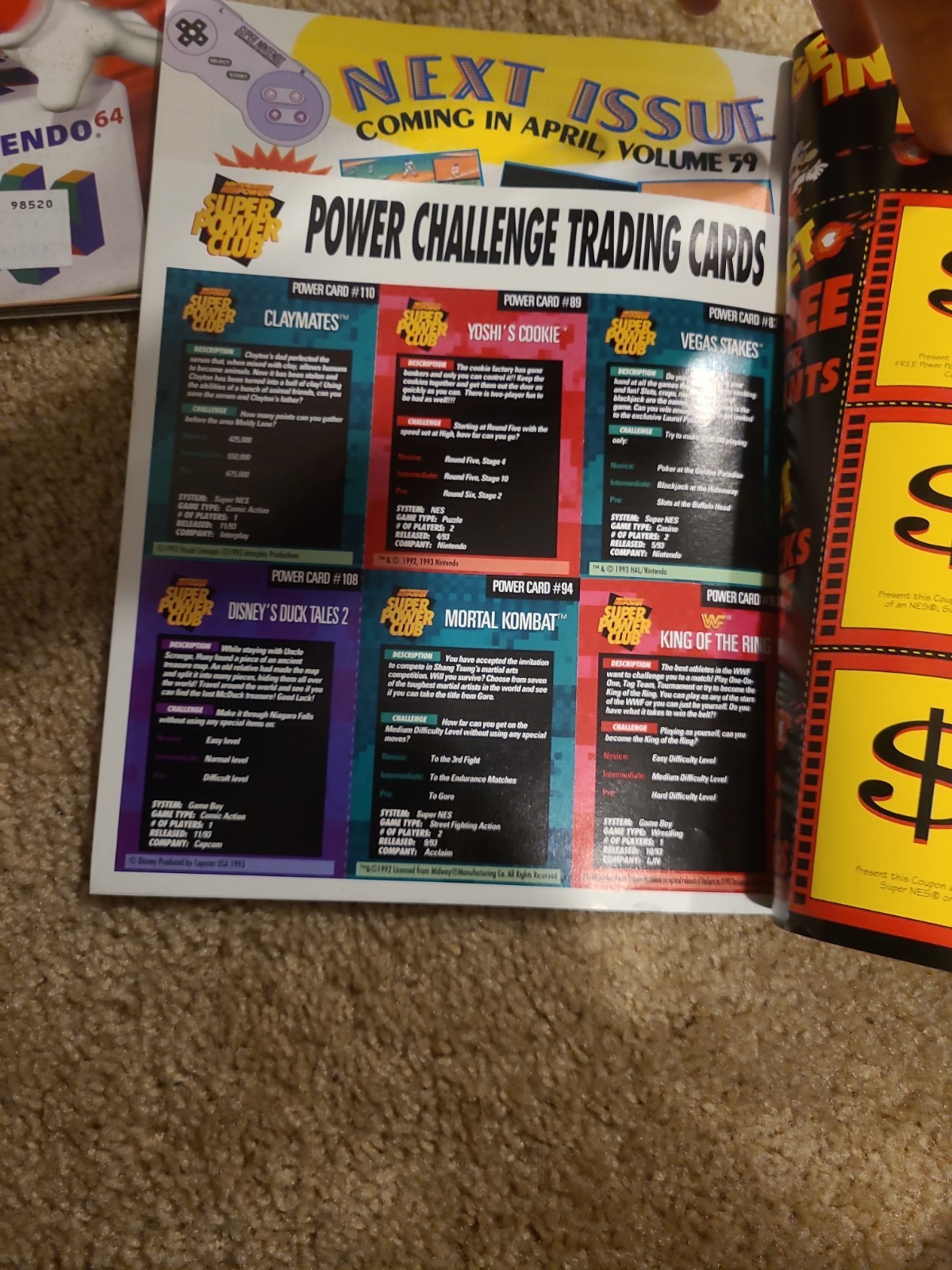Nintendo Power Magazine Issue Volume #58 Wario Land w/ Poster Cards March 1994