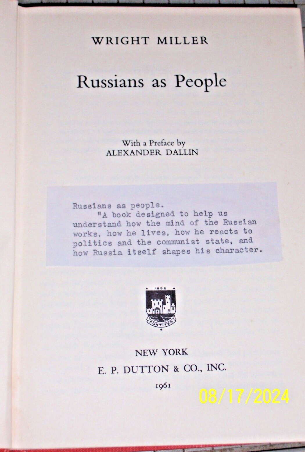Vintage 1961 Russians As People Wright W. Miller Hardcover Exlibrary 205 pages