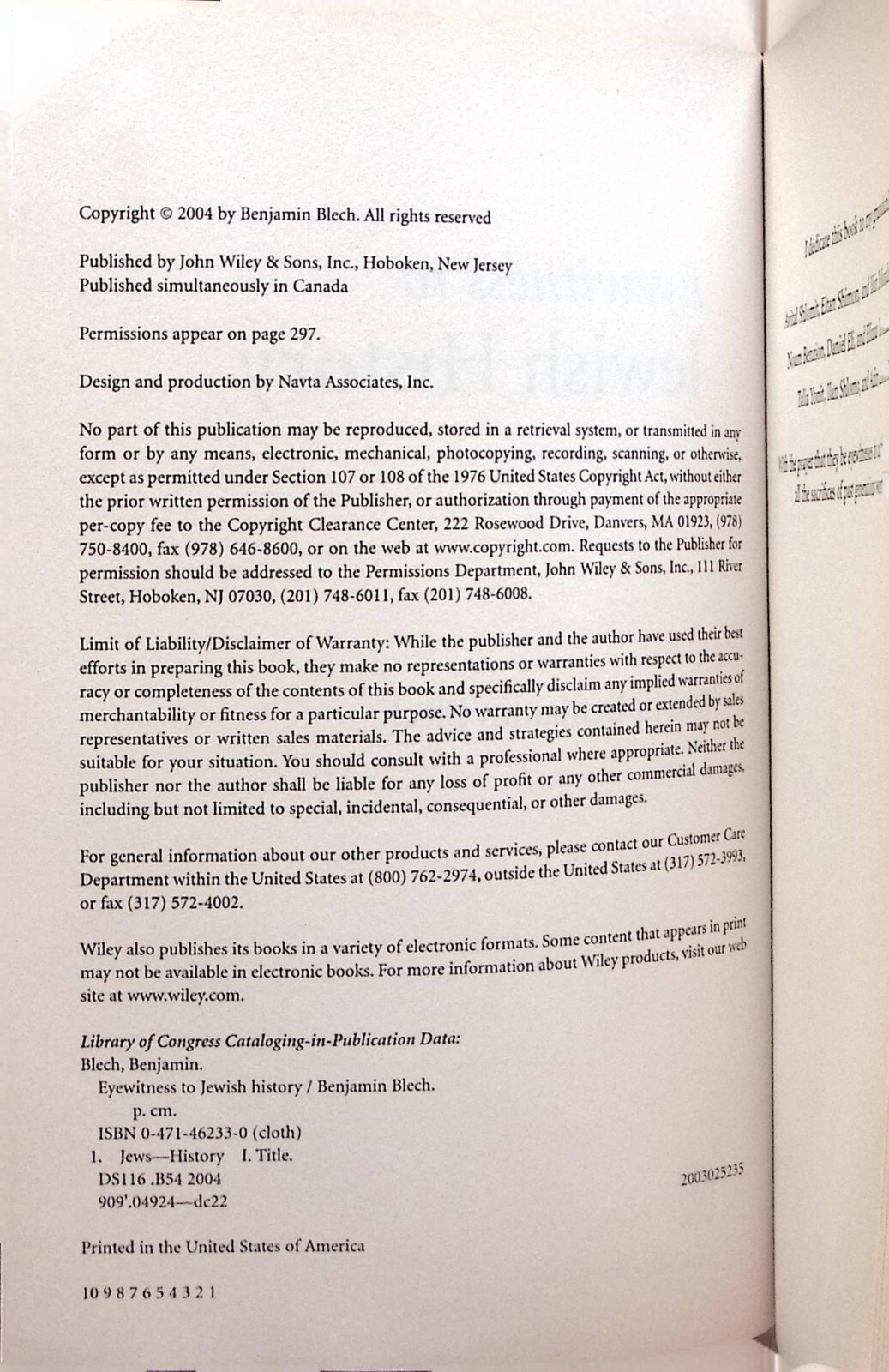2004 EYEWITNESS TO JEWISH HISTORY RABBI BENJAMIN BLECH WILEY BOOKS B1054