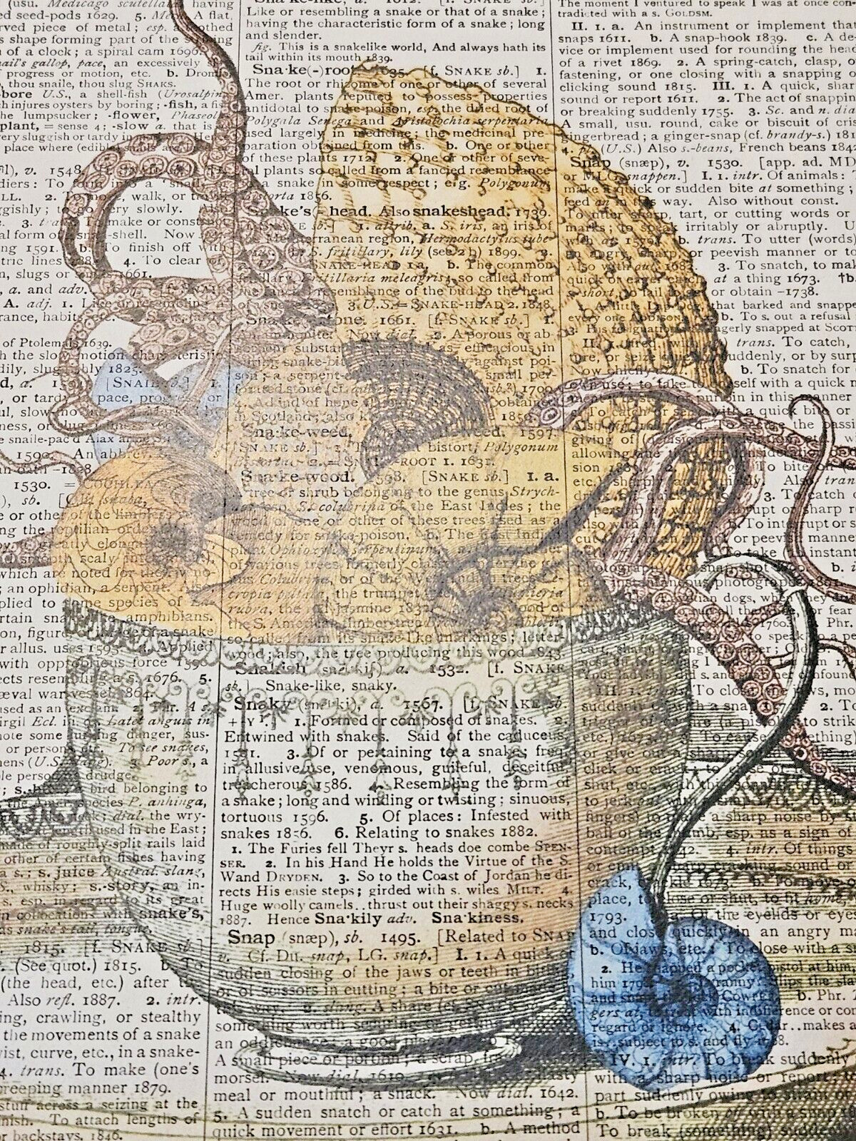 Vintage – Teacup and Octopus Dictionary Art Print – Unbranded – Digital Print
