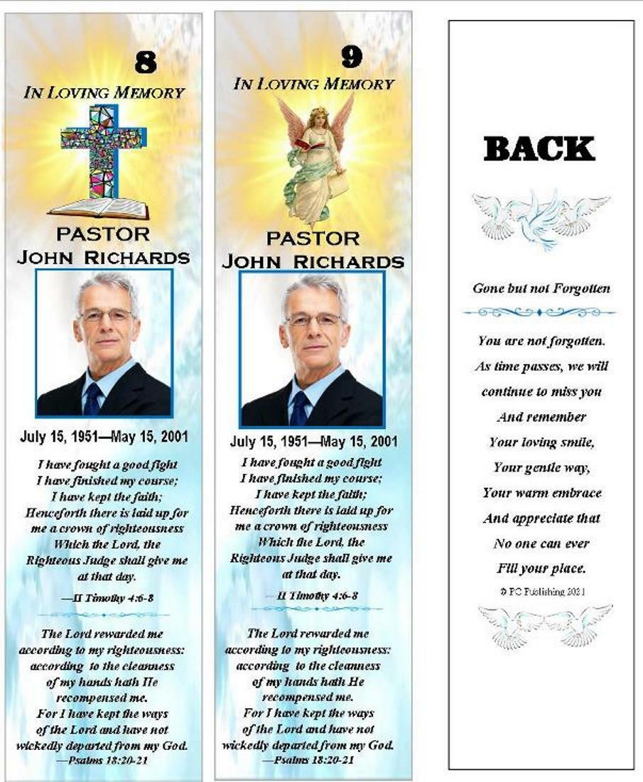 (5) PERSONALIZED LAMINATED MEMORIAL BOOKMARK-PASTOR OR MINISTER-8.25 X 2.1 in.