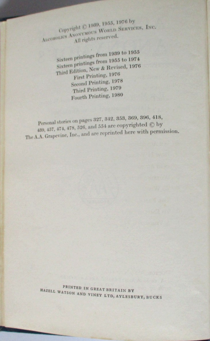 Alcoholics Anonymous 3rd edition, United Kingdom, 1980, 4th printing, circus dj?