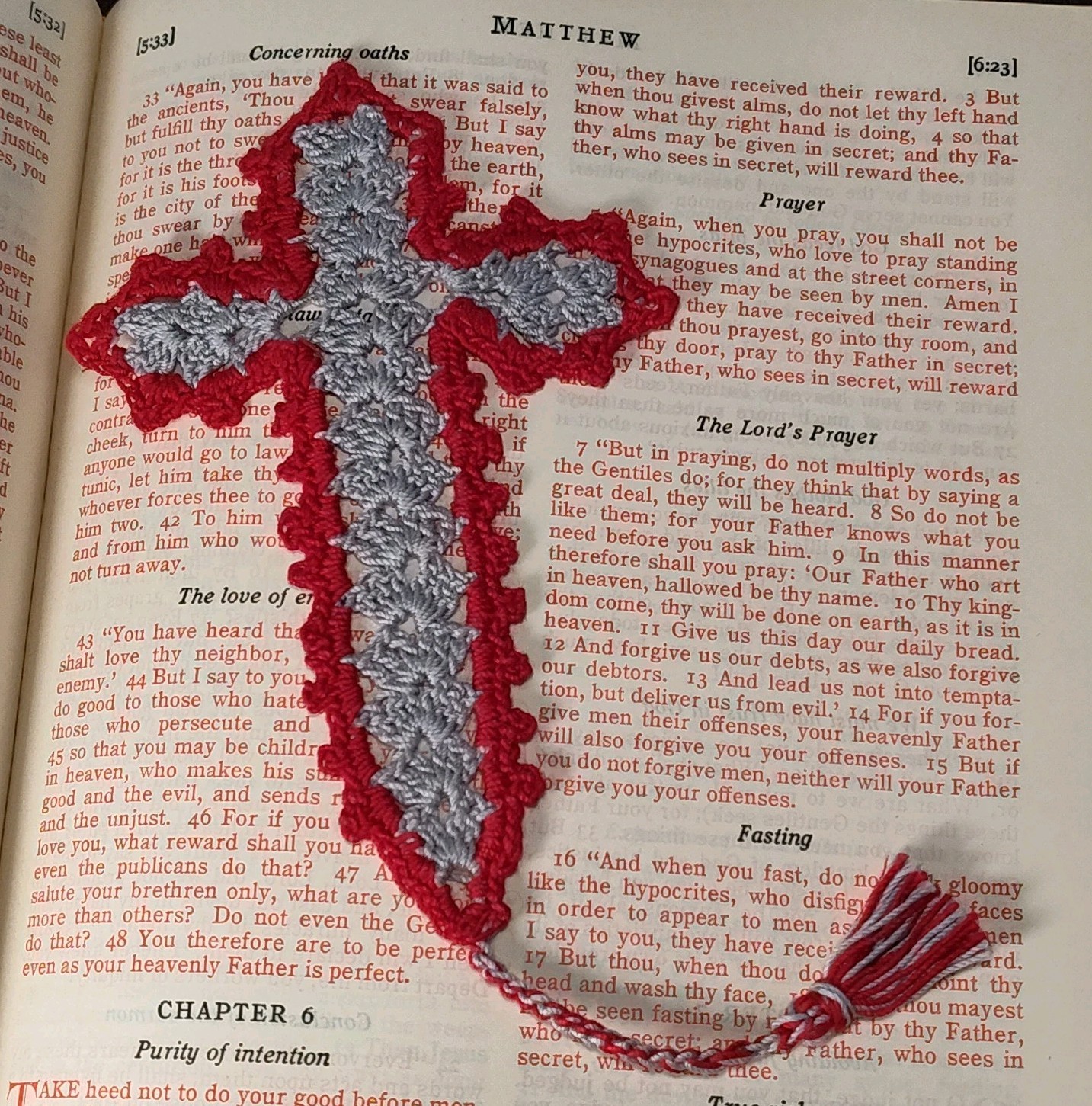 Handmade Cross Bookmark 8.5&Prime; Lovingly Crochet in the USA Red & Gray