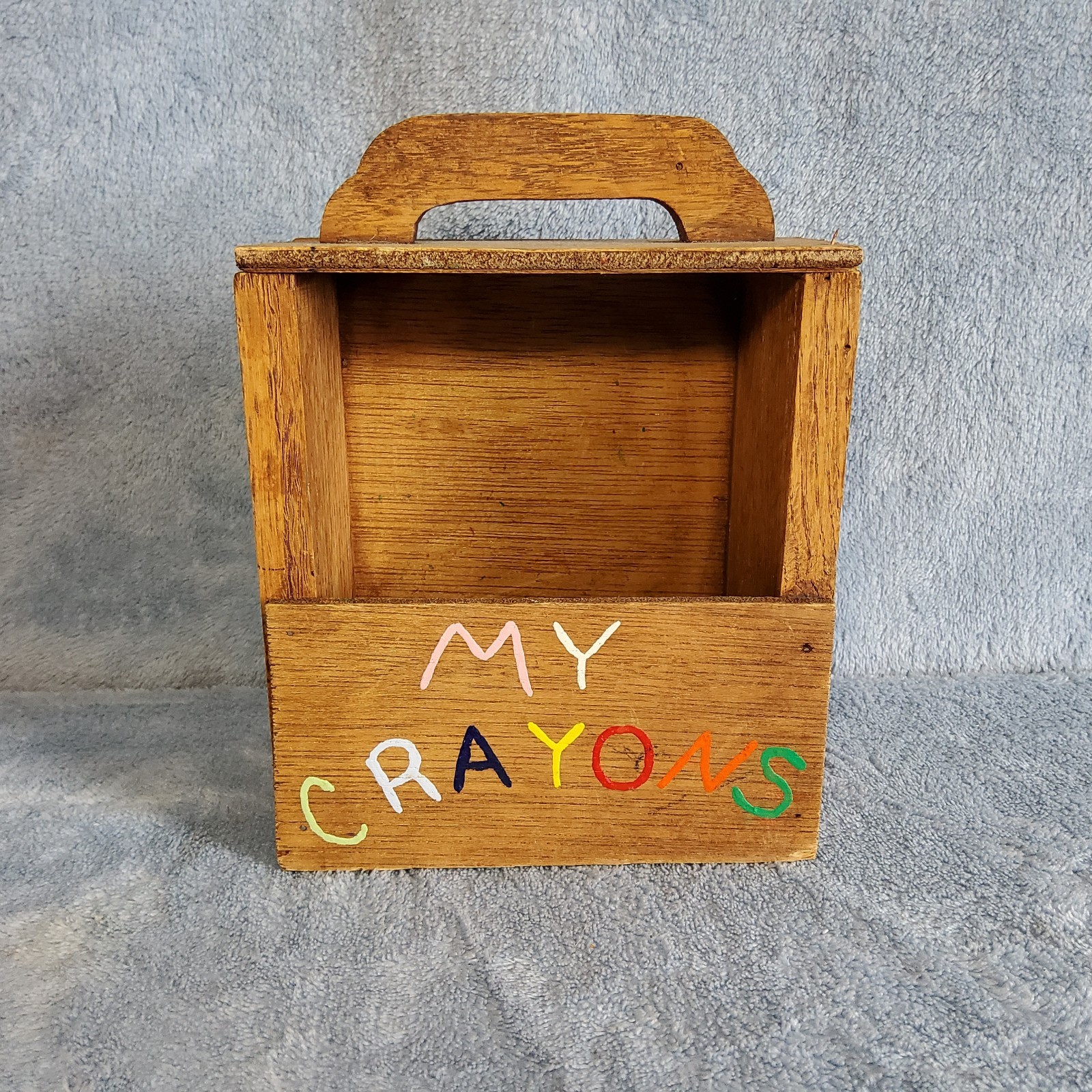 Vintage Hand-Painted Wooden « MY CRAYONS » Storage Caddy Tote Nostalgia Kids Toy