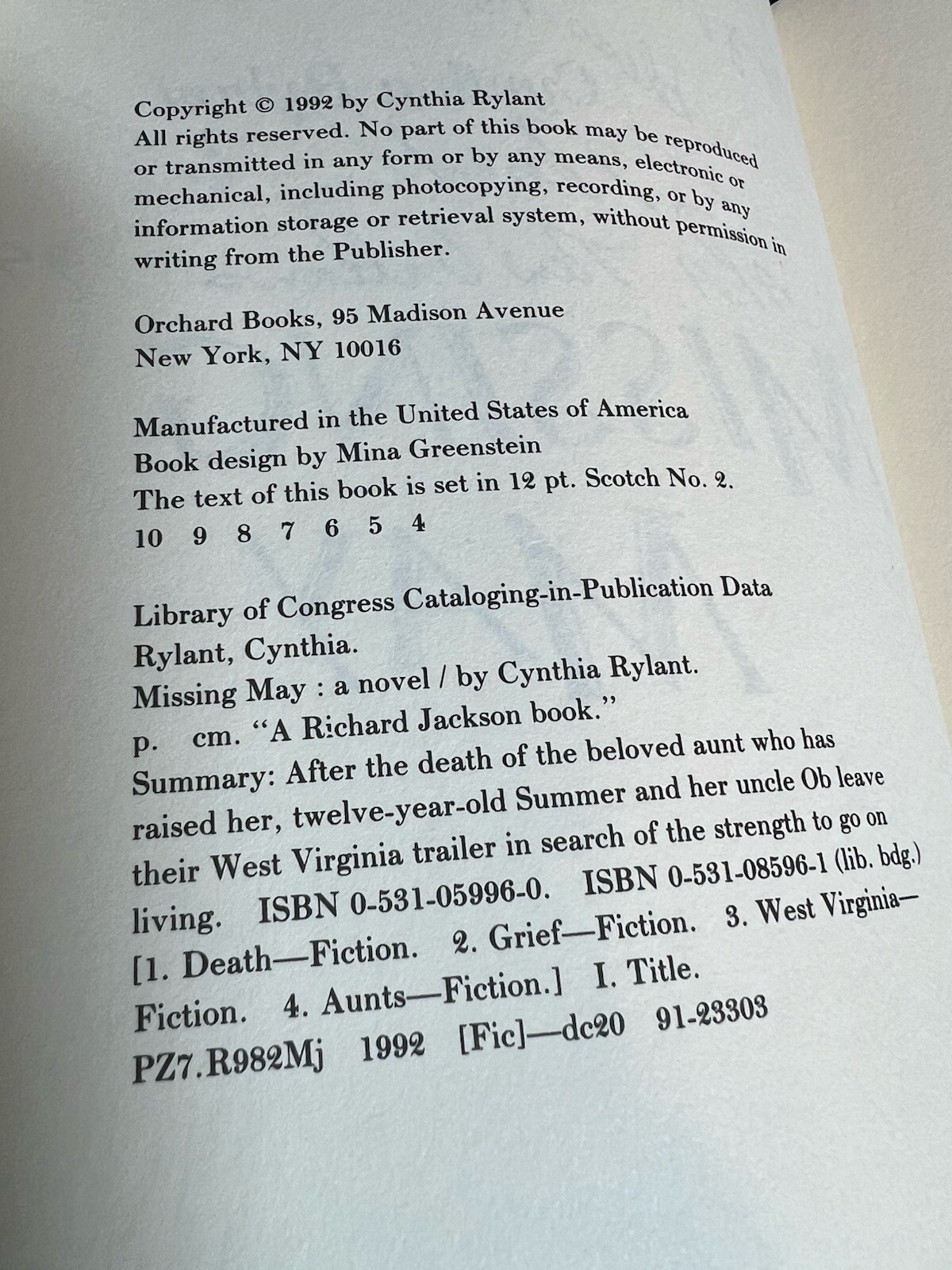 SIGNED CYNTHIA RYLANT – “Missing May”, 1993 Newberry Award Winner, 1st ed.
